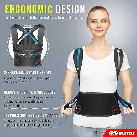 BLITZU Back Brace Posture Corrector for Women and Men. Shoulder Straightener, Adjustable Full Back Support. Upper and Lower Back Pain Relief for Neck Hump, Scoliosis, Spine & Hunchback Correction. XL