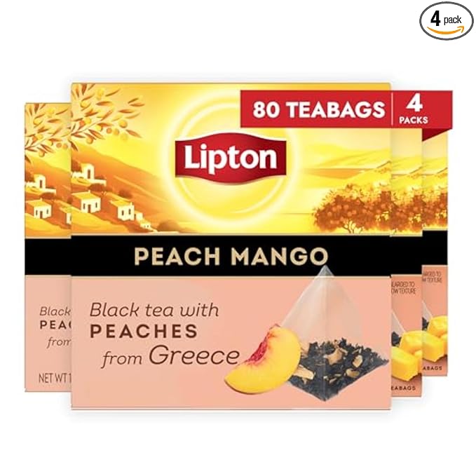 Lipton Black Tea Peach Mango, Pyramid Tea Bags, Flavored Teabags for a Refreshing Cup of Tea, 80 Total Tea Bags (20ct - Pack of 4)