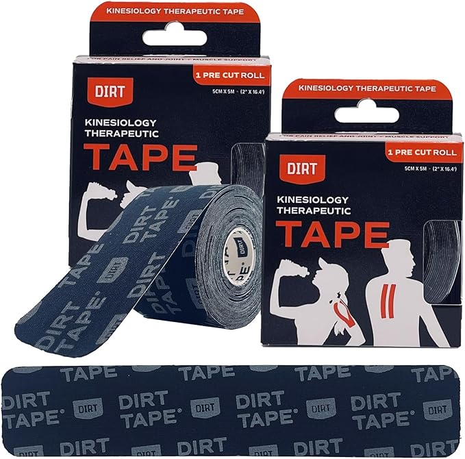 DIRT Tape-Pre Cut Athletic Kinesiology Tape-Muscle Pain Relief & Joint Support-Premium Elastic Cotton-Latex-Free-Water Resistant-Gym, Indoor & Outdoor Sports-2 Rolls (16.4 ft)-Black w/Logo