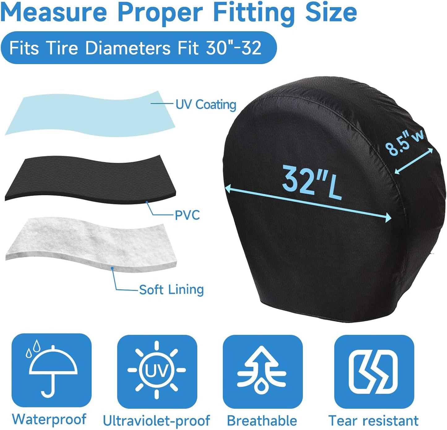 Tire Covers 4 Pack, Waterproof Thickening Tire Wheel Protector for Truck, SUV, Trailer, Camper, RV, Universal Fits Tire Diameters 30-32 inches, Black