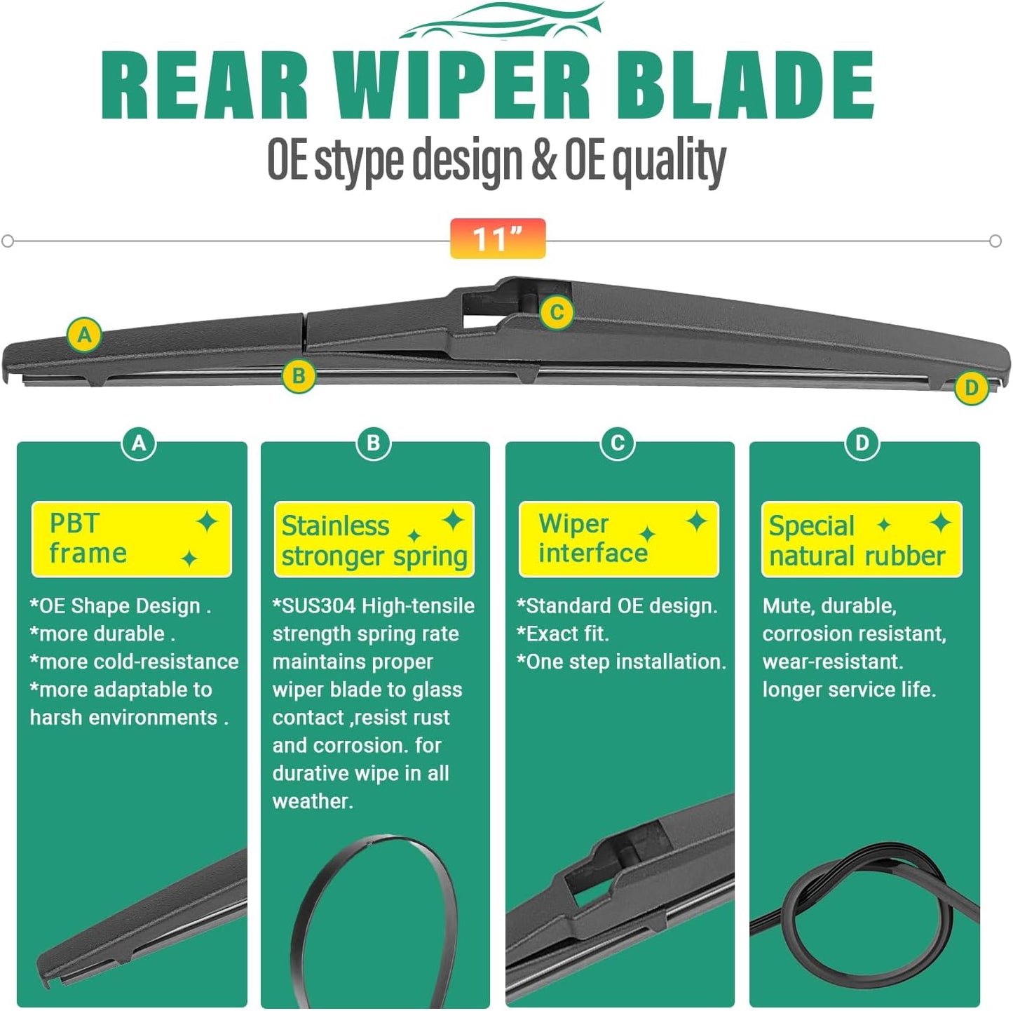 21" 18" 11" Windshield Wiper Blades Replacement for Pontiac Vibe 2003 2004 2005 2006 2007 2008 Premium All Weather Front Rear Wipers Set - OEM Quality (Pack of 3)