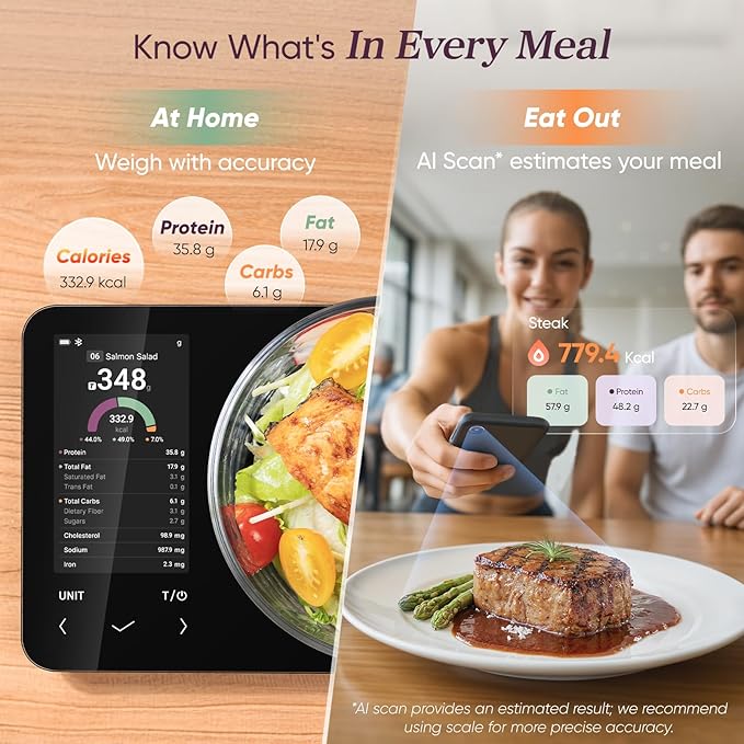 COSORI Smart Digital Food Kitchen Scale with Nutritional Calculator, On-Screen Nutrient Info, Free App for Calorie & Macro Tracking, AI Scan, Personal Goals, for Weight Loss and Keto, 11lb/5kg