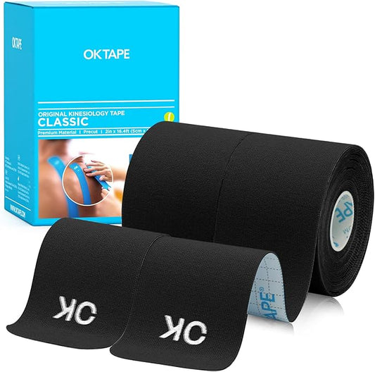 OK TAPE Kinesiology Tape 10 inches Precut, 20 Strips, Cotton Elastic Athletic Tape Latex Free, 2inch x 16ft, 2 Rolls Black