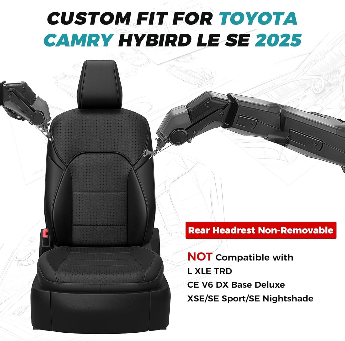 Leather Seat Covers for Toyota Camry 2025 LE SE Hybrid - Custom Fit Car Seat Cover Full Set, Luxury Waterproof Interior Accessories, Breathable Automotive Cushion Protectors, Black