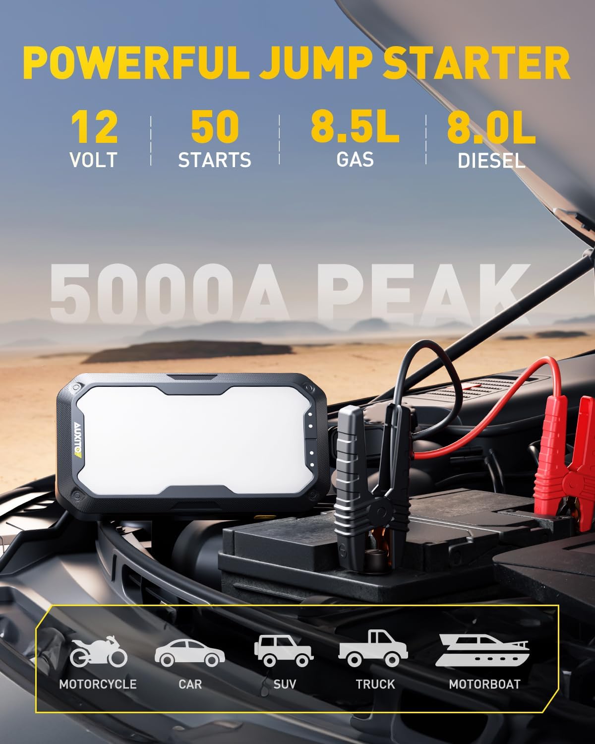 AUXITO Car Battery Jump Starter: 5000A Portable Jump Starter Up to 8.5L Gas and 8.0L Diesel Engines with 2000LM LED Work Panel Light, 12V Safe Jump Box with Camping Light, Power Bank and Jumper