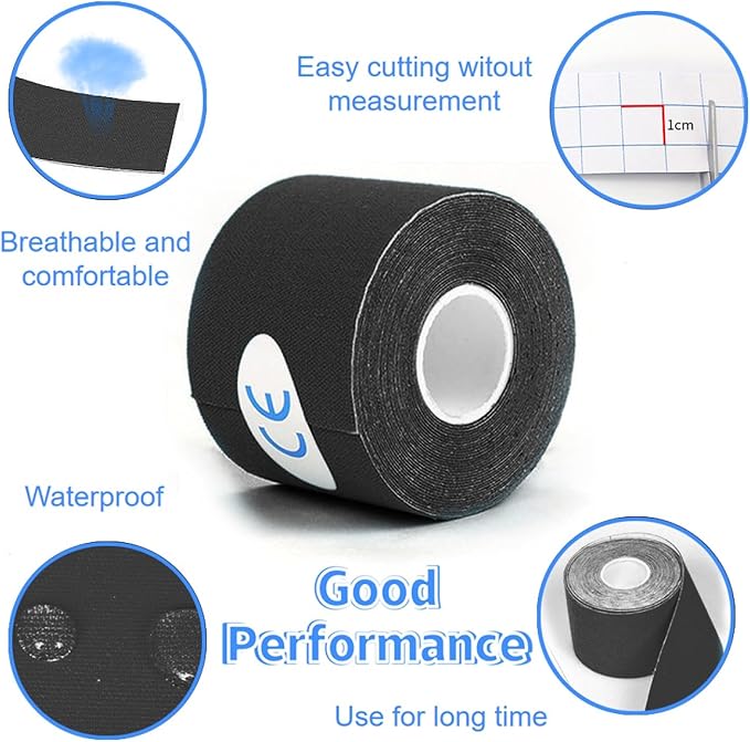 4 Pack Kinesiology Tape, Athletic Tape Supports Protects Muscles, Knees, Shoulders & Plantar Fasciitis, Waterproof & Hypoallergenic Kinesiology Tape (Black)