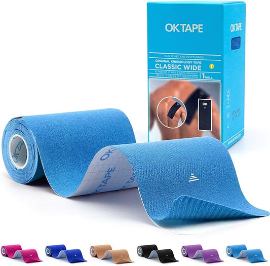 OK TAPE Extra Wide Kinesiology Tape, Precut K Tape Strips, Elastic Physical Therapy Athletic Tape for Pain Relief & Joint Support | Back, Shoulder, Knee (4" x 10" - 10Pcs) Blue
