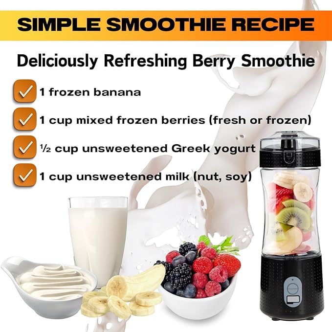 Compuaddict - Personal Blender Shakes and Smoothies 13 OZ Individual Mini Blender USB Rechargeable Fresh Juice Portable Blender Travel Blender (Black)