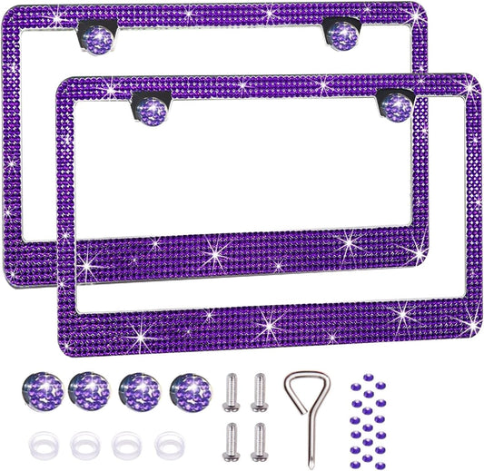 2 Pack License Plate Frames for Women, Sparkly Rhinestone Diamond Car Accessories with Glitter Crystal Caps (Violet（2PCS）)