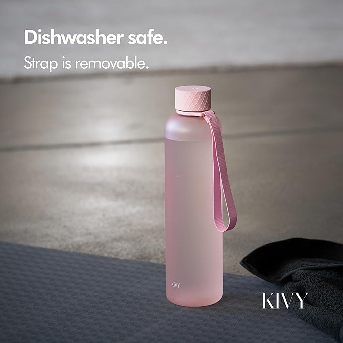 KIVY Slim Water Bottle 32oz [Lightweight & Shatterproof] Fits Backpack & Cupholder for Travel, Sports, School, Gym - Rose gold, Pink bottle no straw - Gym water bottle for women - Dishwasher Safe