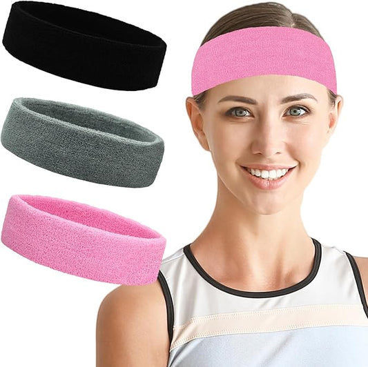 Sweatbands Sports Headbands for Men & Women - 3 Pack Moisture Wicking Cotton Headband for Tennis, Basketball, Running, Gym - Sweat Band