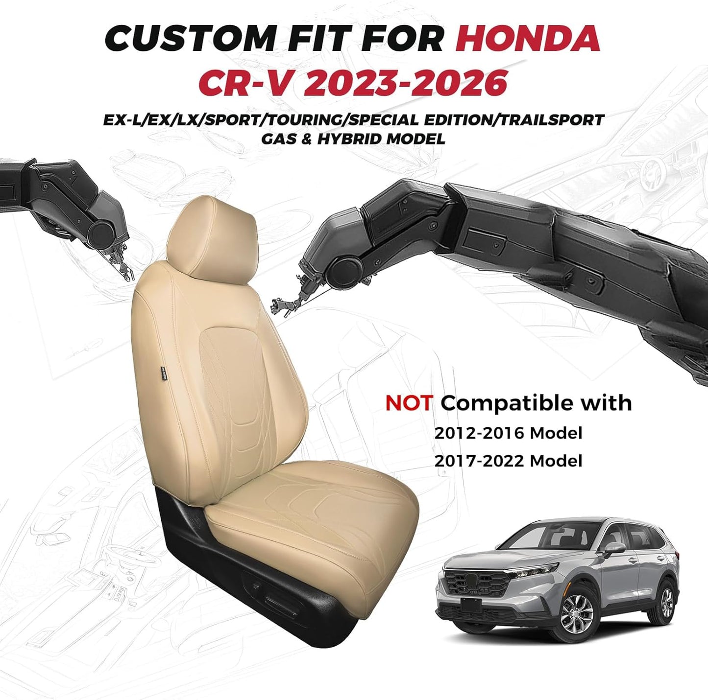 FREESOO Seat Covers for Honda CRV, Custom Fit Car Seat Covers for CRV LX EX EX-L Sport Touring Special Edition Trailsport Hybrid & Gas 2023 2024 2025 2026, Waterproof Leather Full Set, Beige