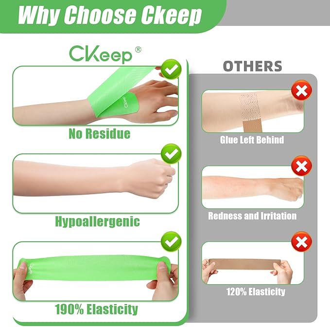 CKeep 4 Rolls Kinesiology Tape, Original Cotton Elastic Athletic Tape, 20 Precut 10" Strips Each, Green, Ideal for Muscle Support & Injury Prevention