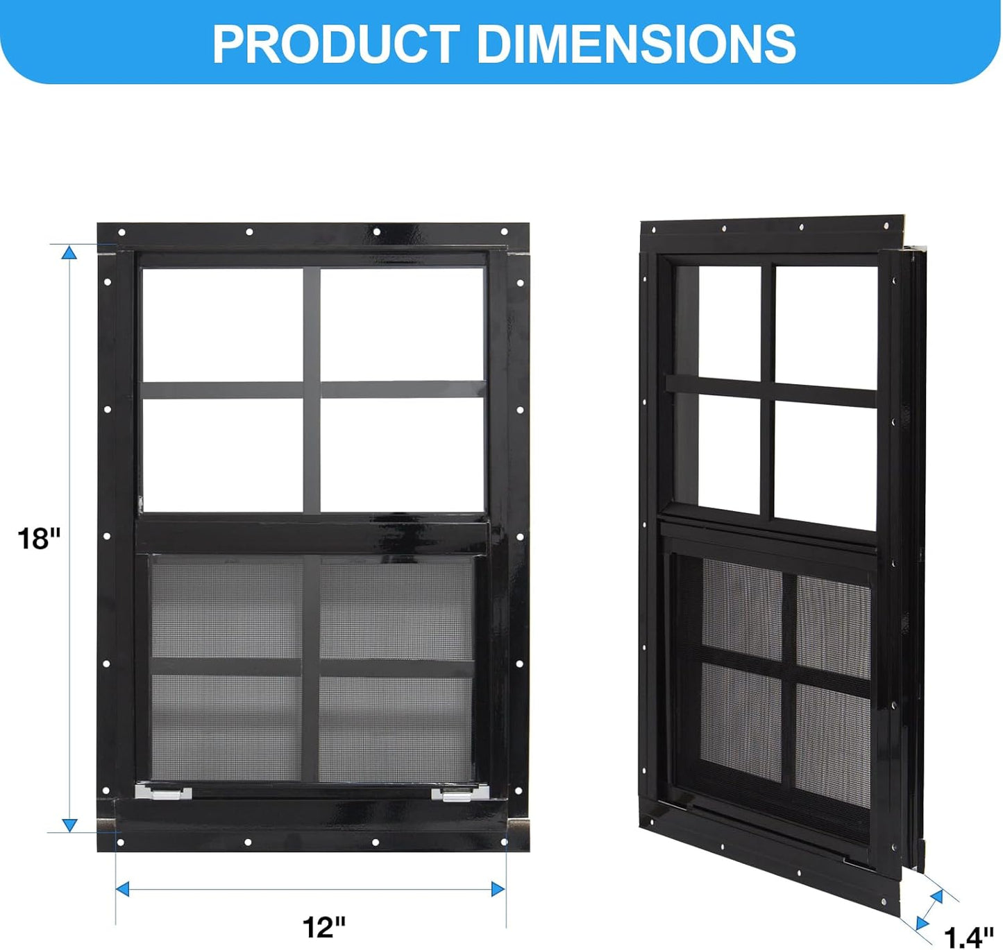 NeatiEase Upgraded Shed Windows 2 Pack, 12" x 18" Windows with Tempered Glass and Stainless Steel Screen for Shed, Chicken Coop, Playhouse, Household, Garage(Black)