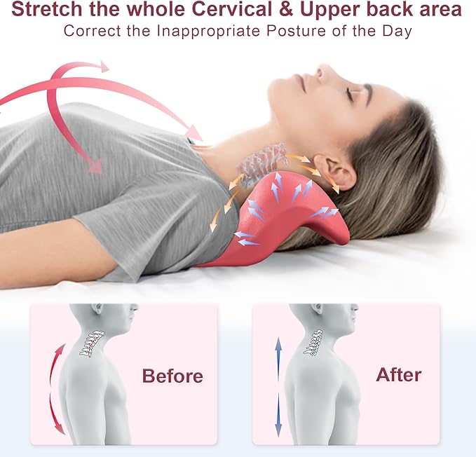 Neck and Shoulder Relaxer with Upper Back Massage Point, Cervical Traction Device Neck Stretcher for TMJ Pain Relief and Cervical Spine Alignment Chiropractic Pillow (Dark Pink)