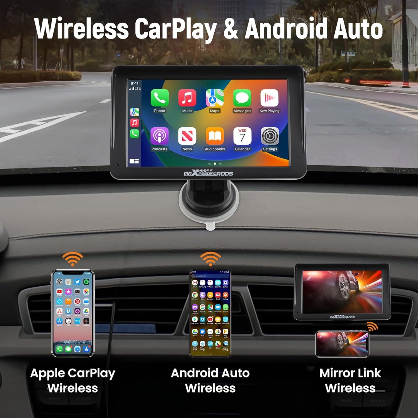 maXpeedingrods 7" Car Stereo with Wireless Apple CarPlay& Android Auto, Audio Receiver, Portable Car Radio with Backup Camera and GPS Navigation, Bluetooth, Mirror Link