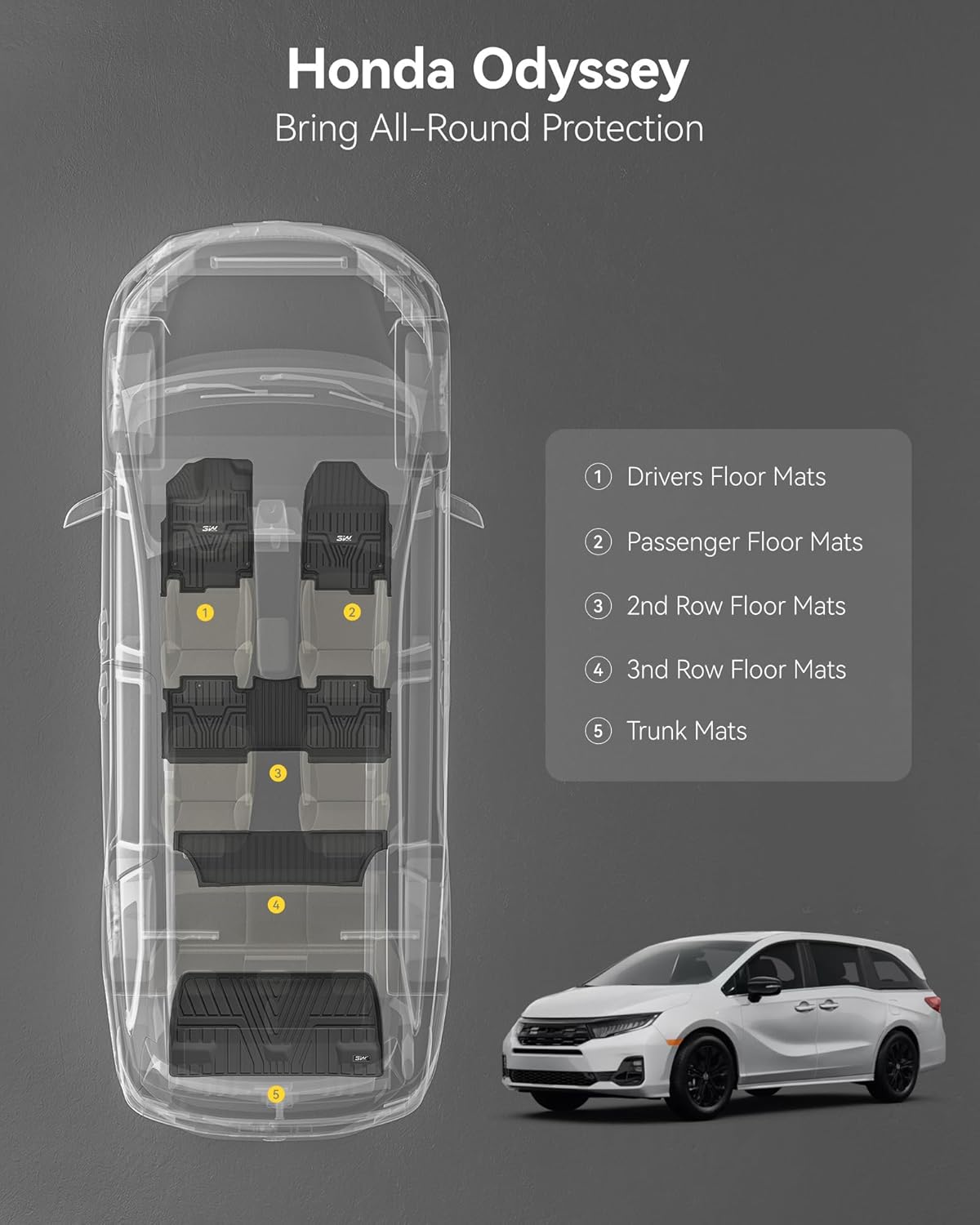 3W Floor Mats & Cargo Liner Fit for Honda Odyssey 2025-2018 Mini Passenger Van, All Weather TPE Floor Liners 1st 2nd & 3rd Rows Car Mats and Trunk Liner Odyssey Car Accessories, Black