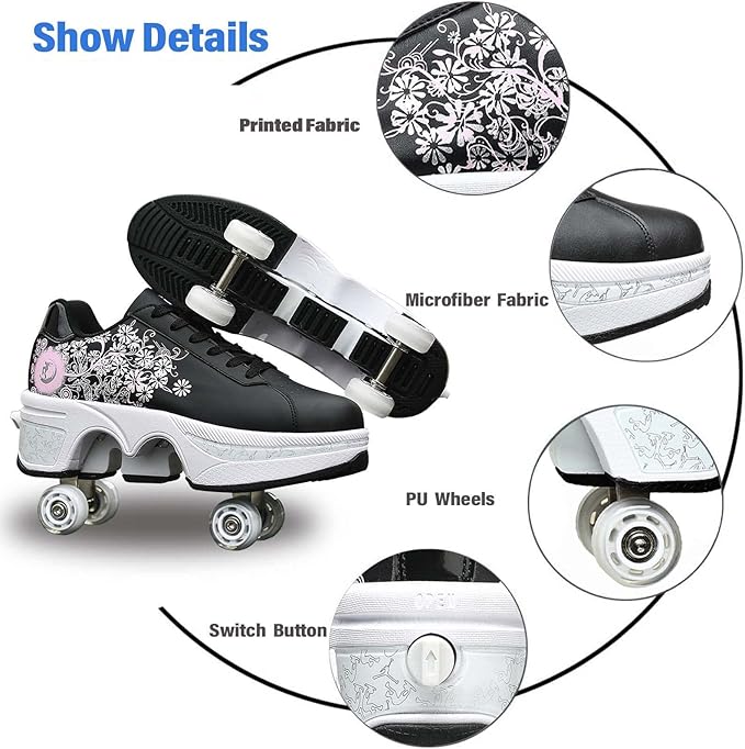 Roller Skate Shoes for Women Four Rounds Children's Roller Skates Shoes That Turn into Rollerskates Sneakers Outdoor Light Shoes with Wheels for Girls/Boys