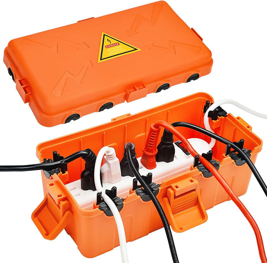 Hrensaw Medium Outdoor Electrical Box(10.6x5.5x4.5inch),Weatherproof Connection Box w/6 Cable Entry,IP54 Waterproof Extension Cord Cover Protect Power Strip,Timer,Plug,Holiday Lights,Orange