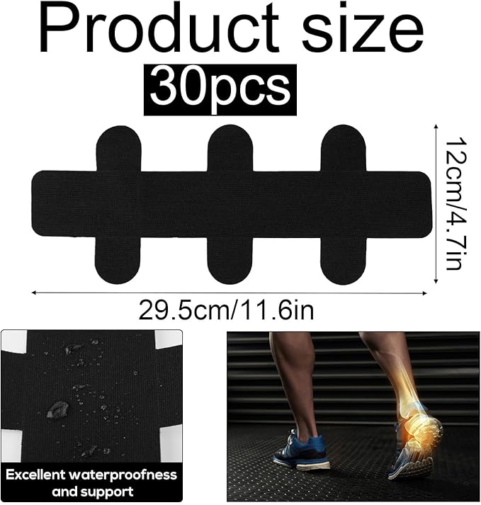 30 Pcs Tape for Achilles Tendon, Waterproof Adhesive Precut Achilles Tendon Ankle Athletic Tape Latex Free for Achilles Tendon Muscle Support (Black)