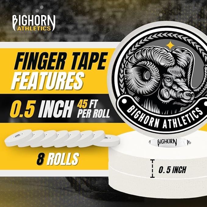 Bighorn Athletics Jiu Jitsu Finger Tape, Rock Climbing Tape | Multipurpose for Sports & Injuries: MMA, Volleyball, Football, Basketball, Tennis, Golf, Hands & Toes, 0.5-Inch x 45-feet, 8-Rolls, White