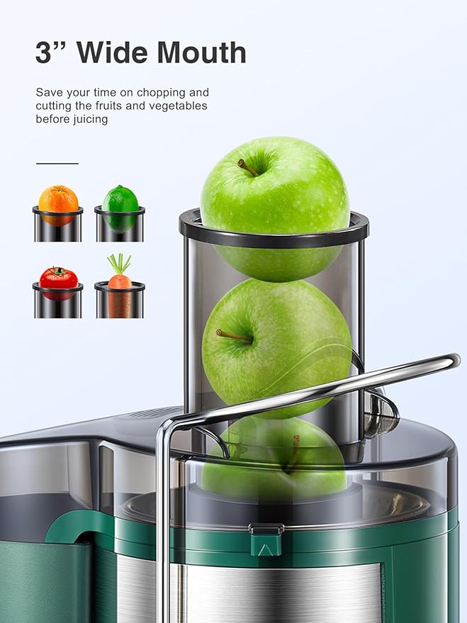 QCen Juicer Machine, 800W Centrifugal Juicer Extractor with Wide Mouth 3” Feed Chute for Fruit Vegetable, Easy to Clean, Stainless Steel, BPA-free (Green)