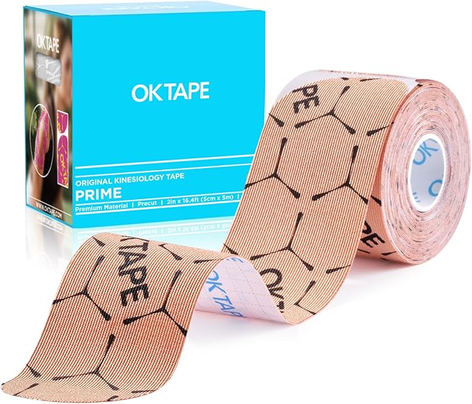 OK TAPE Synthetic Kinesiology Tape Precut Strips, Waterproof Kinesiology Athletic Tape for Muscle Support and Recovery, Reduce Muscle Discomfort K Tape, 2in×16.4ft Roll 20PCS | Beige