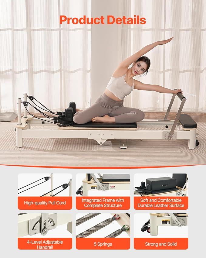 VEVOR Pilates Reformer Machine, Pilates Workout Equipment for Home Gym Studio Use, Pilates Bed with Dual Resistance- Spring & Cord, Reformer Set, Up to 400 LBS