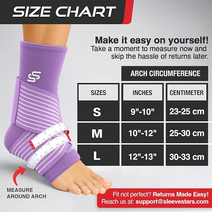 Sleeve Stars Ankle Brace for Women & Men, Ankle Wrap for Sprain, Compression Sleeve for Plantar Fasciitis Relief, Easy Customizable Support: w/ Removable Strap (Single/M:10"-12"/Light Purple)