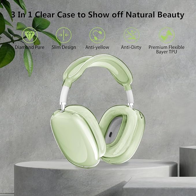 for AirPods Max Case Clear,3 in 1 Clear Soft TPU Ear Cups Case Cover/Ear Pad Case Cover/Headband Cover for Airpods Max Case Cover,Case for AirPod Max Headphone Accessories-Green