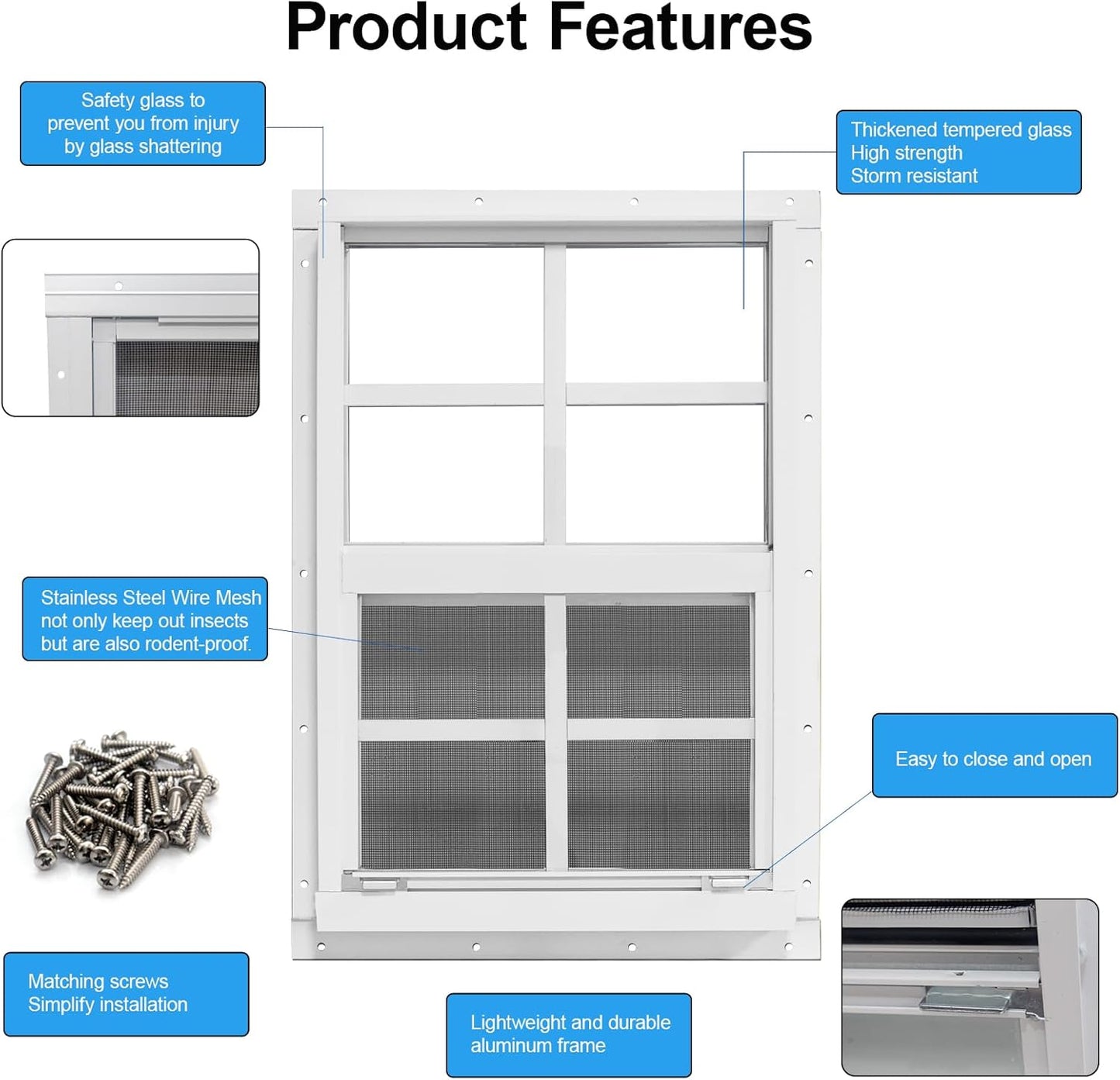 NeatiEase Upgraded Shed Windows 2 Pack, 12" x 18" Windows with Tempered Glass and Stainless Steel Screen for Shed, Chicken Coop, Playhouse, Household, Garage(White)