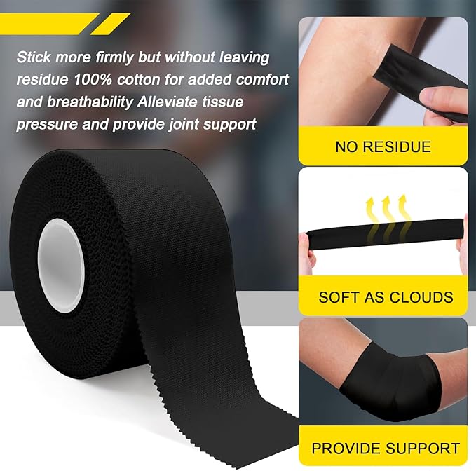 CKeep Athletic Tape, 4 Pack Black Sports Tape, Very Sturdy No Glue Residue, Wrist Ankle Tape for Muscle, Climbing, Boxing, Athletes, Baseball Bats, Strains, Sprains, Injuries（1.5 Inches）