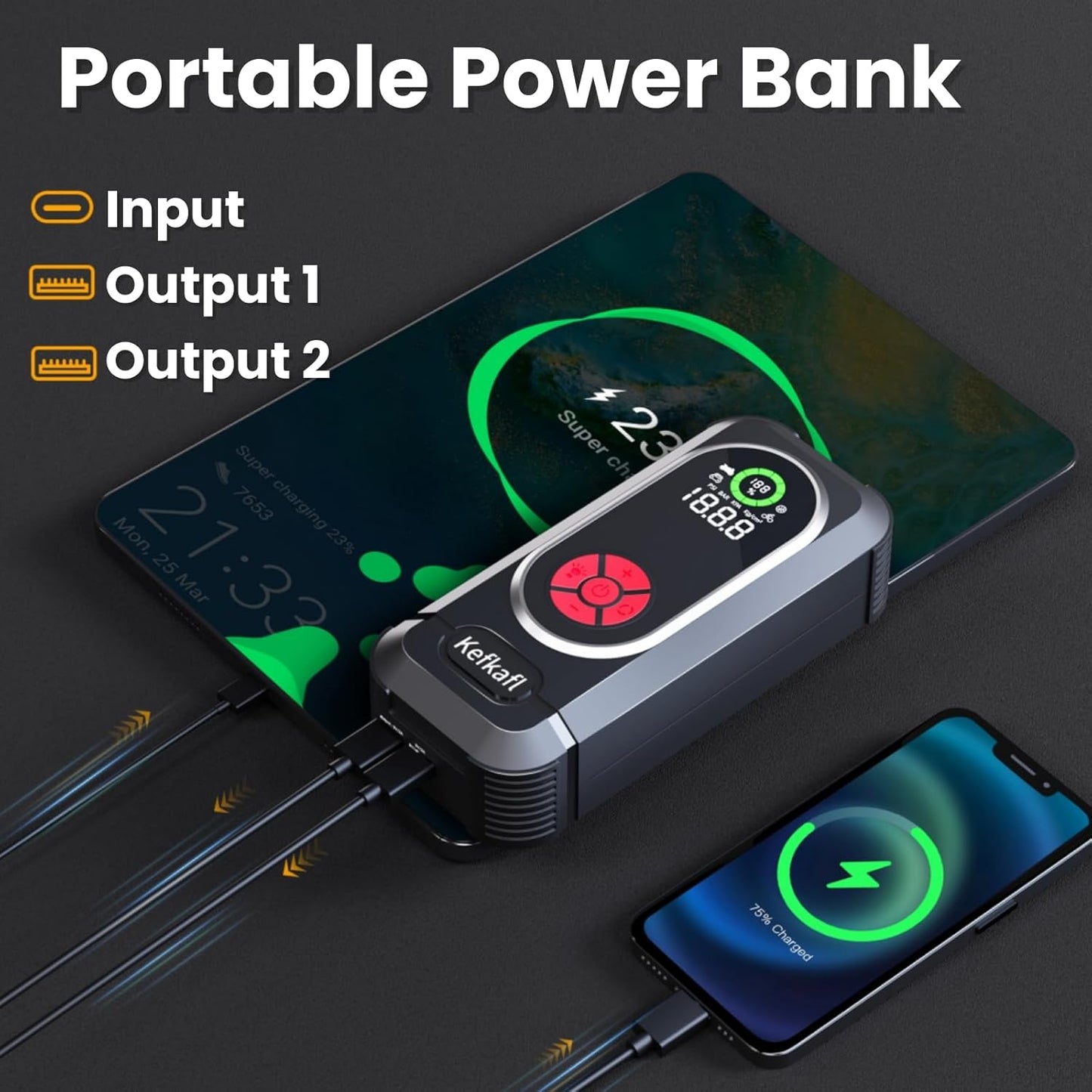 Jump Starter with Air Compressor, 5000A Car Battery Jump Starter Portable 150 PSI Tire Inflator Portable Air Compressor for Up to 10.0L Gas & 10.0L Diesel Engines, LED Light, Jumper Cables