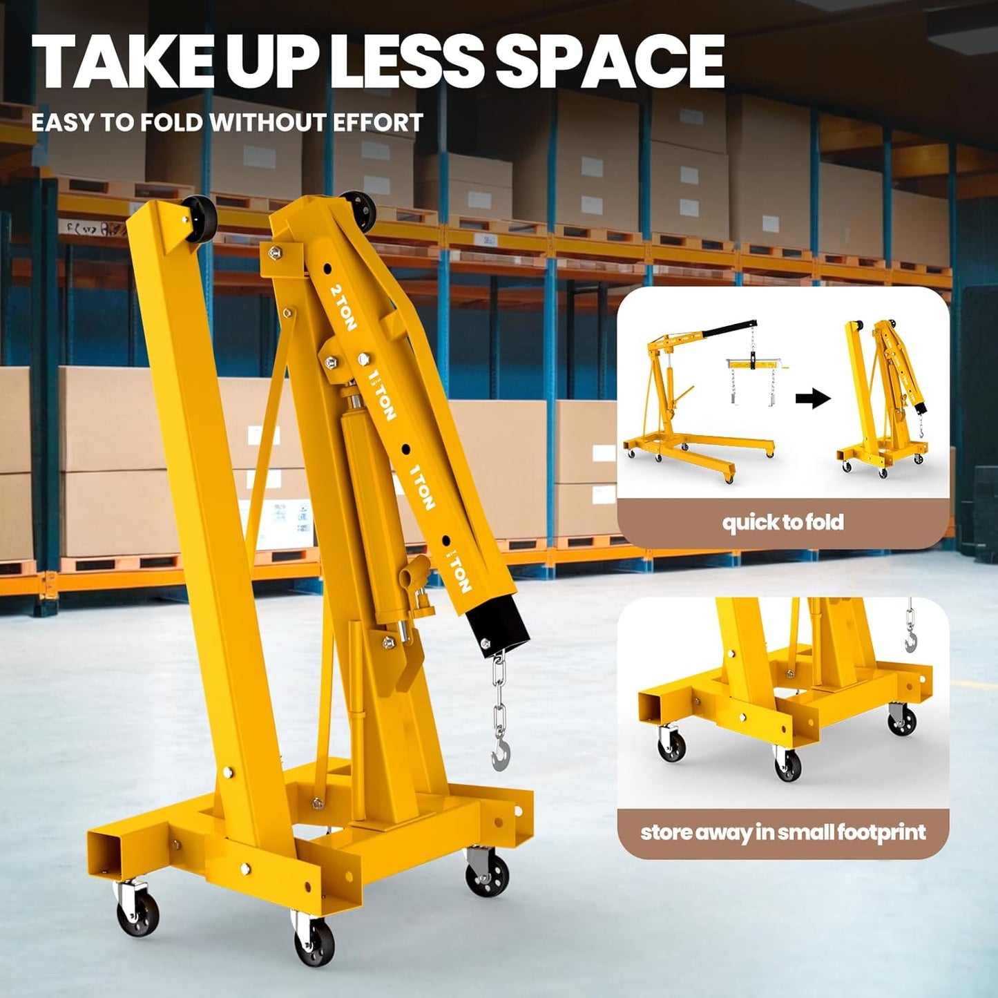 2 Ton Engine Hoist with Leveler 4409 LBS Folding Cherry Picker Engine Hoist, Heavy Duty Hydraulic Engine Crane with 8 Ton Hydraulic Pump and 6 Casters, Engine Hoist Lever for Engine Lifting Loading