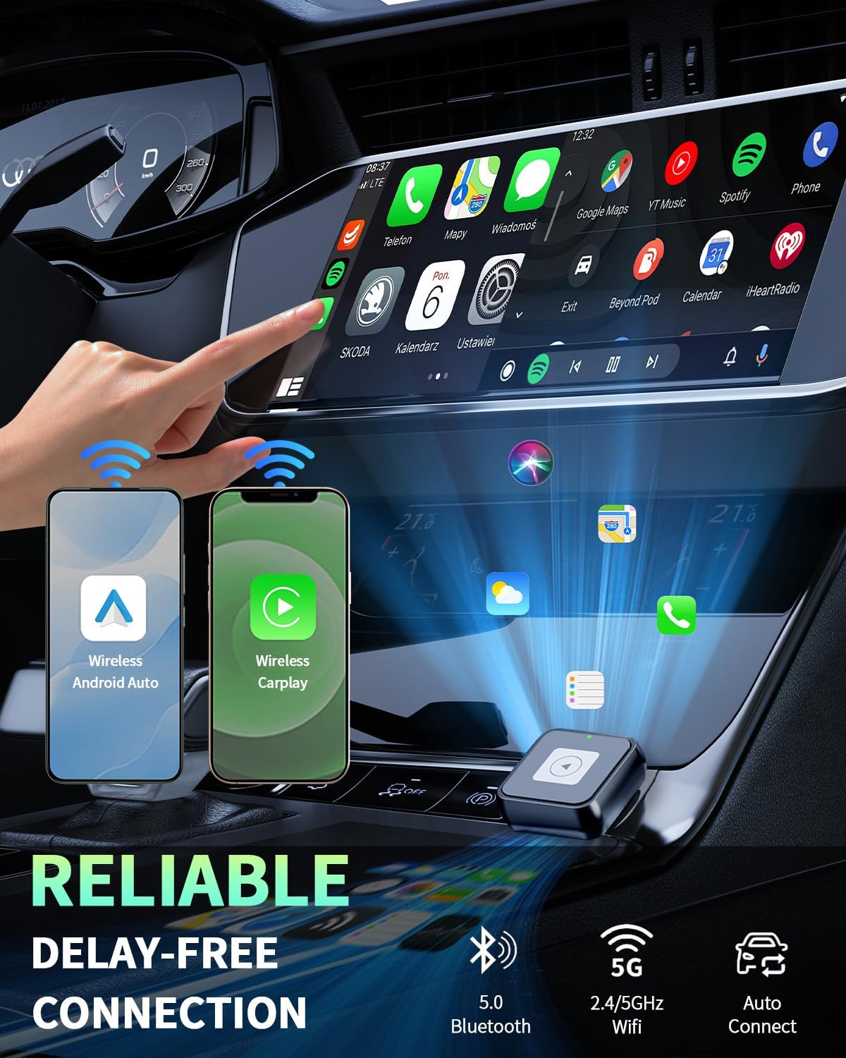 Wireless CarPlay & Android Auto Adapter 1-Inch (2.54cm) - Discreet Plug & Play, Stable 5G Connection for Music/Navigation, Works with iPhone iOS 10+ & Android 11+,for 98% of Cars (2016-2025) (Black)