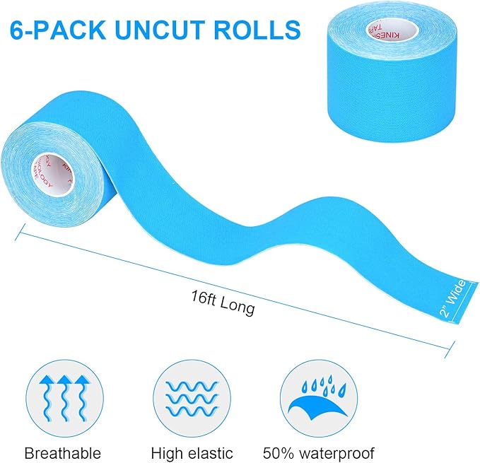 Kinesiology Tape Athletic Tape Sport Tape, Lychee Supports & Protects Muscles, Waterproof and Latex Free, Breathable Elastic for Sport Activity, No Precut (Light Blue, 6 Rolls)