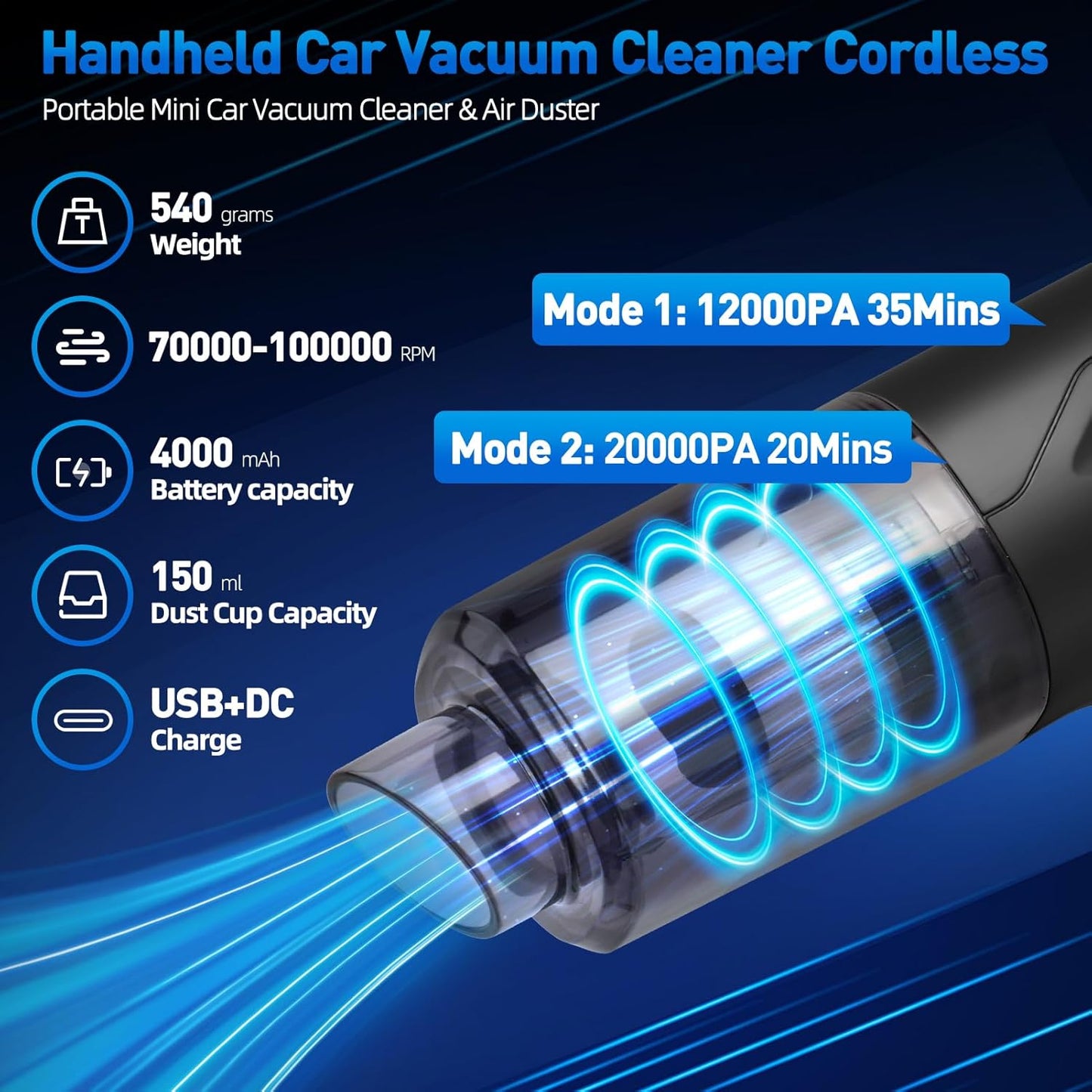 Handheld Car Vacuum Cleaner Cordless, High-Power Brushless 20000PA Mini Hand Held Cleaner with 8 Multi-Functional Nozzle & 2 Replaceable Filters, Portable Vacuum Cleaner for Car Office Pet Hair