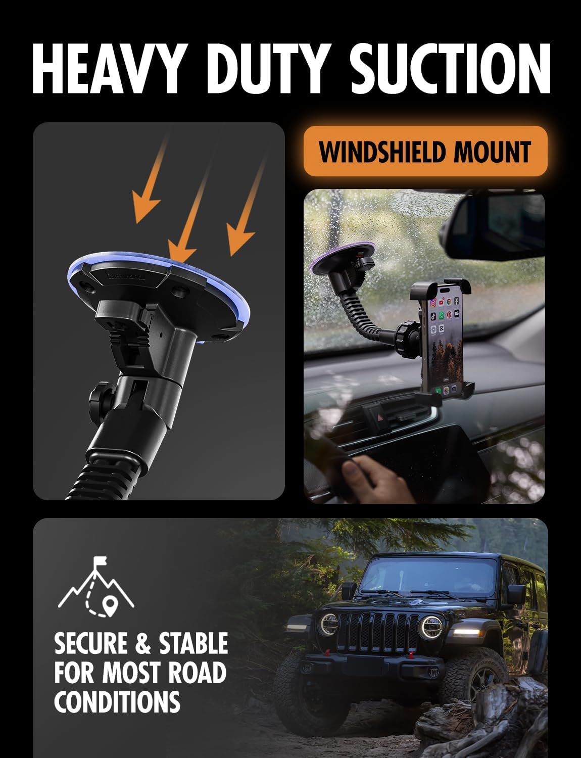 ToughTested Mammoth Windshield Mobile Mount, Double-Ribbed Gooseneck Arm, Expandable Claw Grip Holder with 360 Degree Rotation, Extra Large Suction Cup, Quick Release Button