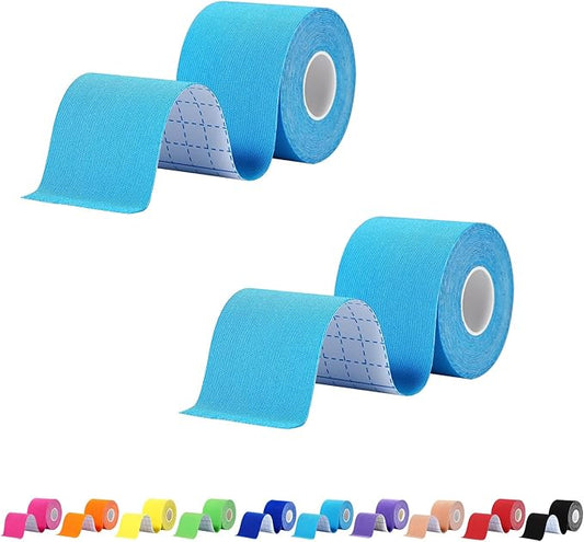 Pro Synthetic Kinesiology Tape 2 Rolls, Athletic Sports Tape for Muscle Joint Support, Pain Relief for Knee Elbow Wrist Ankle, 2 in x 16.4 Ft, Light Blue