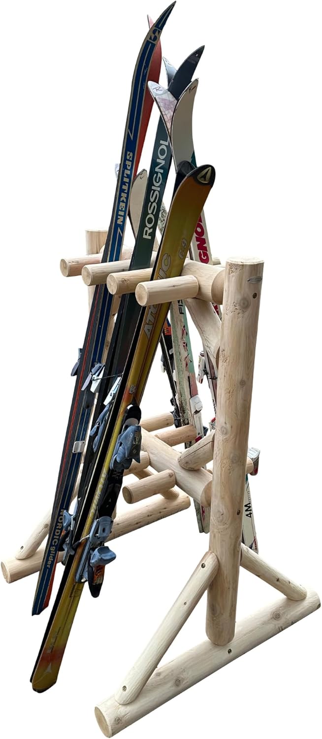 8-Place Freestanding Log Ski Rack Holder, Indoor & Outdoor Snowboard Racks, Standing Storage, Garage Racks for Snow Skis, Durable Snowboard Rack Garage Storage Organizer-Canyon Brown + 15" Anchor Kit