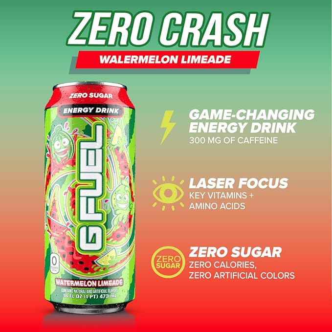 G Fuel Energy Drink, Watermelon, Sugar Free Beverage with 300mg Caffeine, Daily Energy Boost with Focus Amino, Vitamin + Antioxidants, 16 oz Cans (Watermelon Limeade, 12-Pack)