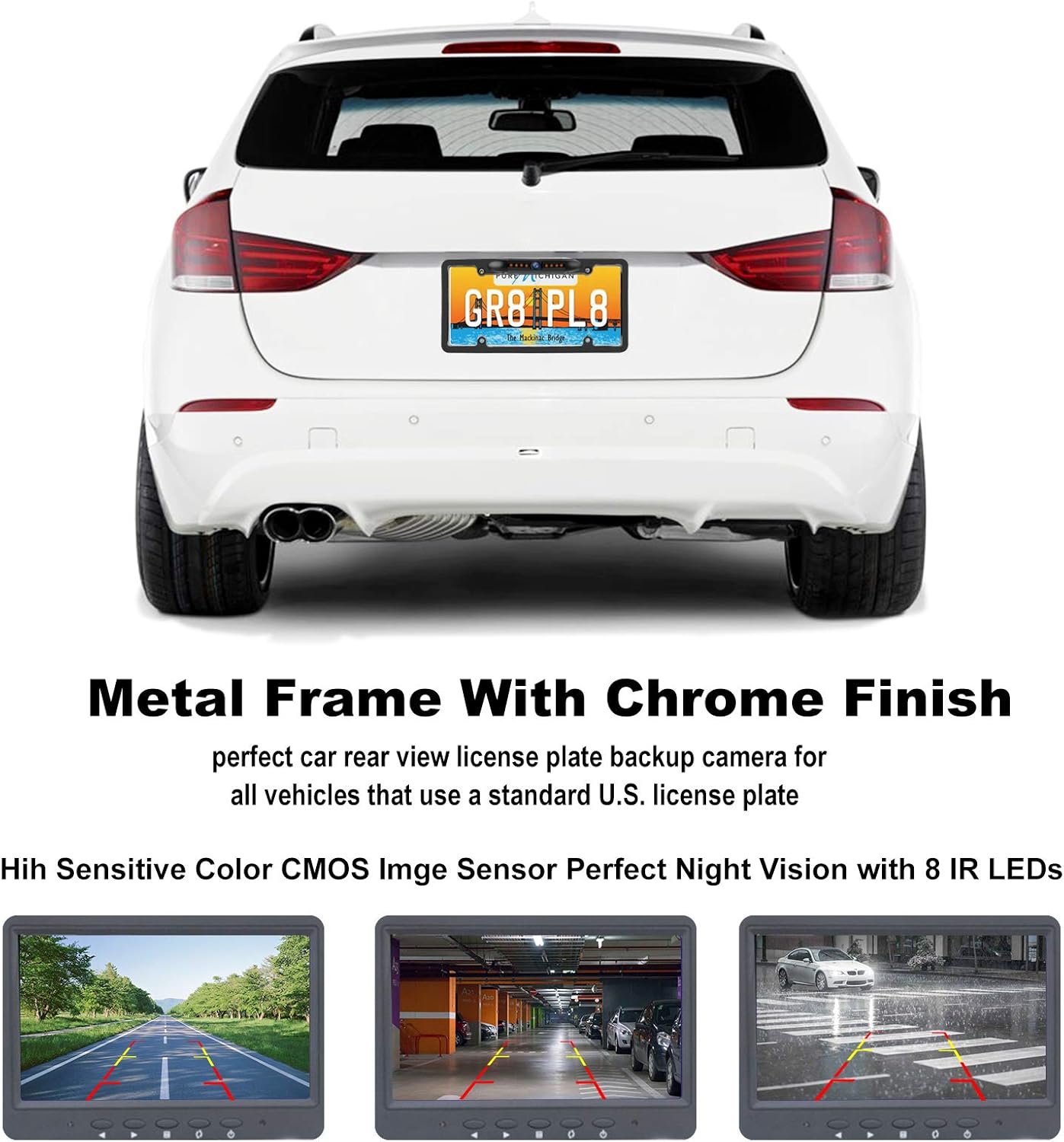 JPP License Plate Backup HD Camera, Rear View Camera 170° Viewing Angle Universal Night Vision Waterproof High Sensitive 7 Bright LED Reversing Car Camera