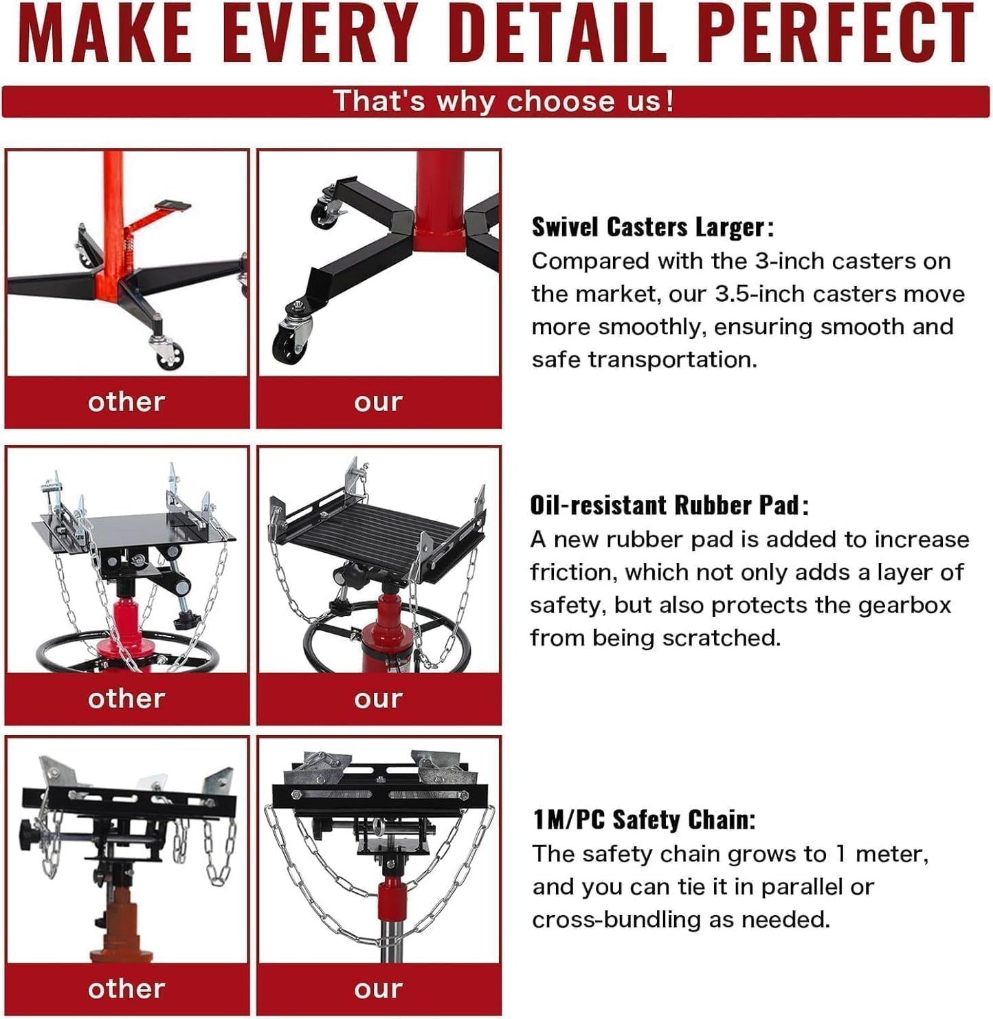 Transmission Jack with 1 Stage Hydraulic Ram, 1322 LBS Hydraulic Telescoping Transmission Jack with Foot Pedal & 360° Swivel Wheels, Heavy-Duty Garage/Workshop Jacks for Car/Truck Repairs, Red