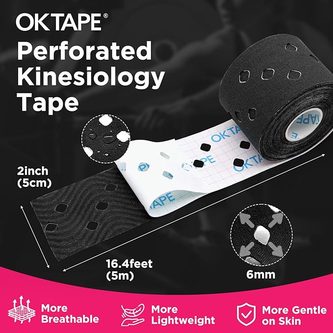 OK TAPE Perforated Kinesiology Tape for Sensitive Skin, More Breathable, Elastic Athletic Tape for Pain Relief & Muscle Support, Uncut 2 Rolls - 2in x 16.4ft (Black)