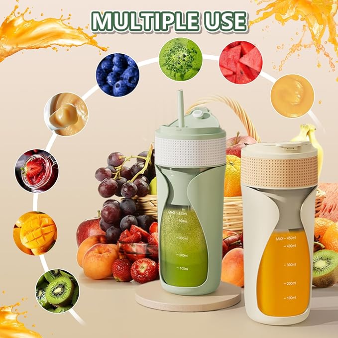 Portable Blender Cup- 450ml Multi-Function Blender with Ice-Crushing,Strong Cutting Power with 6 Blades, BPA Free, USB-C Rechargeable,Fruit Veggie Juicer Cup for Home, Sport, Office, Camping (Orange)