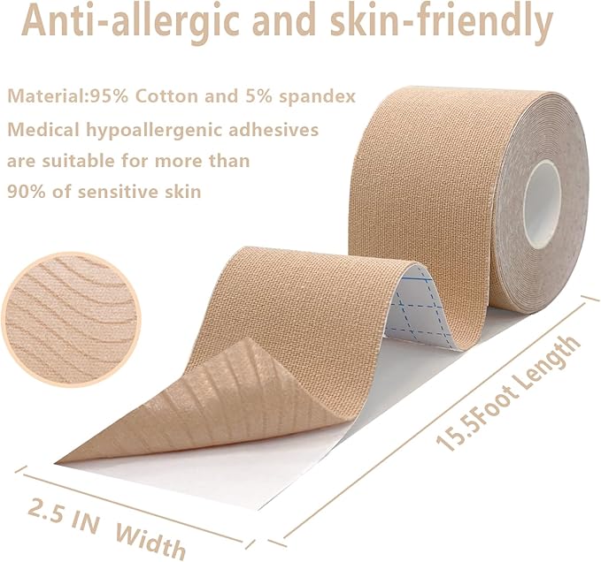 Kinesiology Tape Pro 1/2 /5 Rolls, 2 Inch High Elasticity Sports Tape Therapeutic Pain Relief–Physio Tape for Muscle Recovery & Joint Support, Waterproof & Hypoallergenic & Breathable–Beige