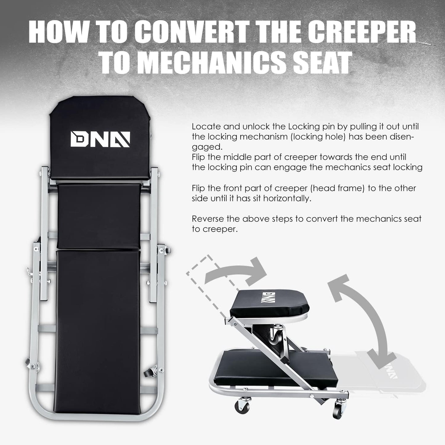 ‎DNA MOTORING TOOLS-00187 40 Inches 2 IN 1 Rolling Folding Car Creeper/Seat, 6 Pcs 2" Casters, 150kg Weight Capacity, Gray