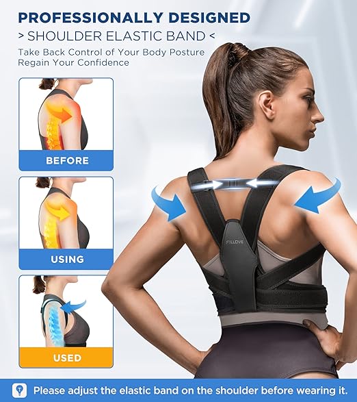 FILLOVE Posture Corrector for Women and Men with Magnetic Therapy Back Support, Strong Traction & Fully Adjustable Upper Back Brace Back Straightener for Neck, Clavicle, Spine and Shoulder Pain Relief
