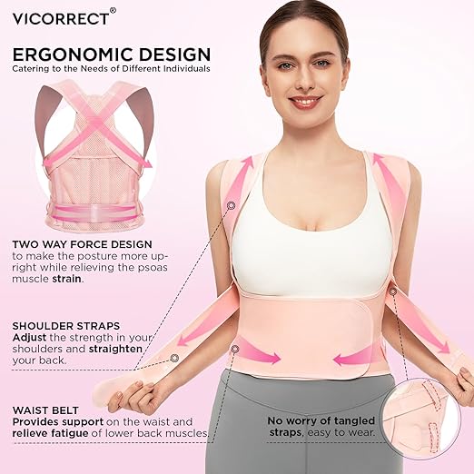 Women Posture Corrector Support for Back: Relieve Upper Back Pain Straighten Body (Pink, Medium)