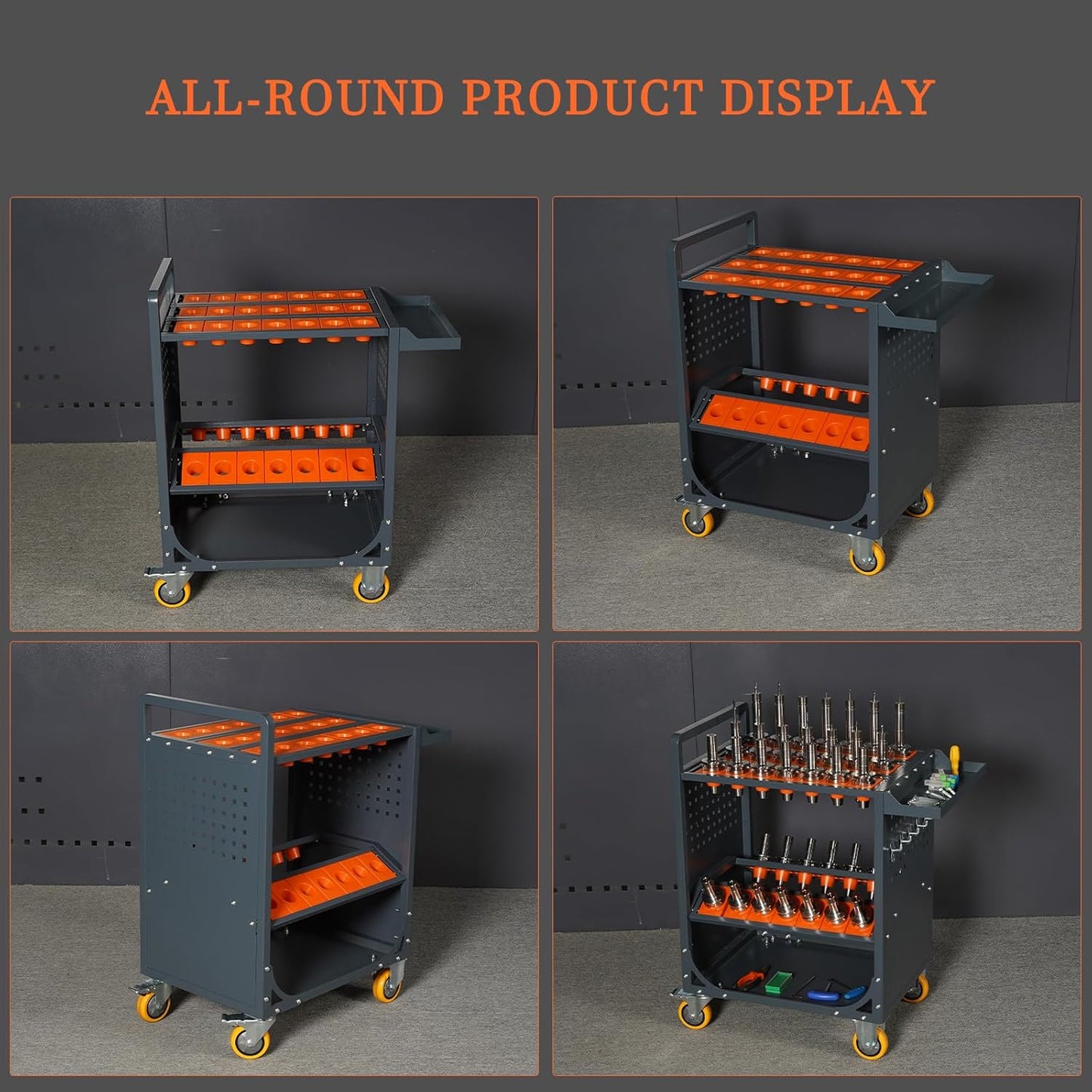 Grey Classic 40 Taper CNC Tool Holder Transfer Cart, 35 Capacity CAT/BT40 Service Carts with Wheels Heavy Duty, Multi-Function Workshop CNC Tool Trolley